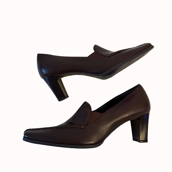Apostrophe Brown Heeled Loafers 8.5M Pointed Square Toe Slip On Stitch Shoes - Picture 5 of 15